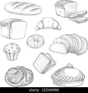 Dessin de pain vecteur icônes isolées de pain de blé pain, brique de seigle ou bagel, croquant tarte ou gâteau, croissant doux, muffin au chocolat et donut glacé ou Illustration de Vecteur