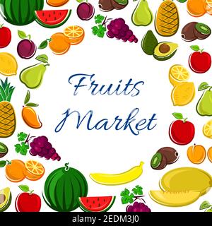 Bannière icônes de fruits en forme ronde pour le design de décoration de marché de fruits. Éléments de pastèque, prune, poire, melon, abricot, pomme, ananas, banane, m Illustration de Vecteur