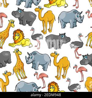 Motifs animaux safari de dessins animés africains et de la jungle. Motif vectoriel sans couture de lion mignon, chameau, autruche, flamants roses, rhinocéros, singe, chameau, flamants roses Illustration de Vecteur