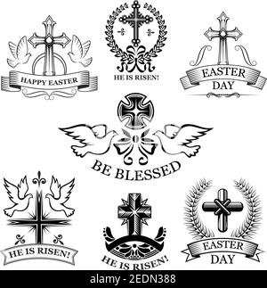 Ensemble de badges des fêtes du jour de Pâques. Oiseaux colombes de Pâques, croix religieuse et crucifix, encadrés par des branches d'olive, couronne de Laurier, bannière de ruban et arc. Rétro b Illustration de Vecteur