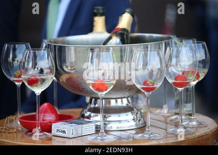 12.07.2020, Hambourg, Hambourg, Allemagne - verres à vin à moitié vides remplis de champagne et de fraises. 00S200712D223CAROEX.JPG [VERSION DU MODÈLE : NON, P Banque D'Images