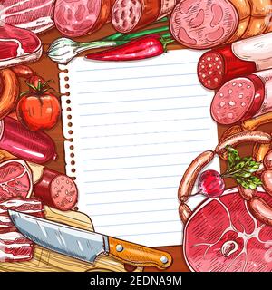 Viande et saucisses avec recette ou papier de menu sur fond de bois. Steak de boeuf, saucisse de porc, salami, jambon, bacon, frankfurter, bologne et pepperoni avec Illustration de Vecteur
