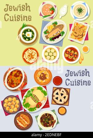 Cuisine juive icône de la nourriture casher avec des plats de poisson et de poulet, falafel de pois chiches, agneau, ragoût de haricots, boulettes de viande, lentilles, soupe de sorrel, pâté de foie, Illustration de Vecteur