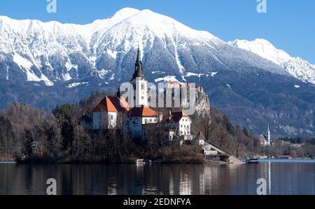 Bled, Slovénie. 15 février 2021. L'église de l'Assomption de la Vierge Marie sur l'île de Blejski Otok dans le lac Bled au pied du plateau de Pokljuka. Le château de Bled est visible en arrière-plan. Pokljuka sera l'hôte des Championnats du monde de biathlon du 10-21 février 2021. Credit: Sven Hoppe/dpa/Alay Live News Banque D'Images