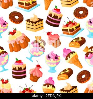 Pâtisseries et desserts de boulangerie vectorisation sans couture de biscuit cupcake ou cheesecake, crème glacée et beignet ou muffin, gaufres et tarte aux wafers, chocolat Illustration de Vecteur