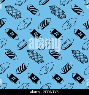 Bonbons dans un emballage vintage sans couture motif, fond bleu avec contour noir. Illustration vectorielle simple de style plat pour le design, le tissu, le textile pr Illustration de Vecteur