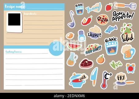 Modèle de carte de recette et autocollants de cuisson des aliments. Page de livre de cuisson format vertical format A5. Modèle de recette de cours de cuisine pour enfants avec icônes de dessin animé et texte Illustration de Vecteur