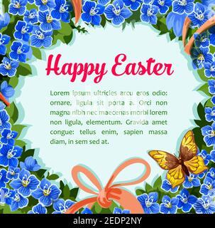 Affiche de Pâques ou modèle de salutation Pascal avec couronne de fleurs bleues de printemps, noeud de ruban et papillons. Motif vectoriel pour Pâques ou catholique et o Illustration de Vecteur