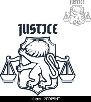 Icône juridique ou vecteur de justice et de droit emblème de lion héraldique et balance de justice sur bouclier. Représentation et centre juridique symbole ou signe pour avocat et j Illustration de Vecteur