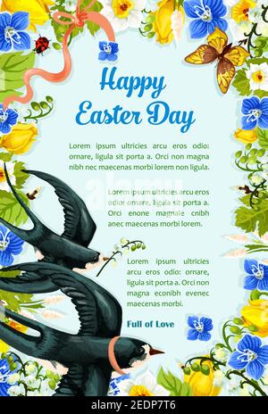 Carte de voeux pour le joyeux jour de Pâques. Couronne de fleurs de Paschal de tulipes et de crocus, des hirondelles portant le bouquet de vallée de la nénuphars. Poster ou carte vecteur Pâques pour Resu Illustration de Vecteur