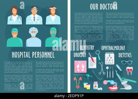 Affiches du personnel médical ou du personnel hospitalier. Médecine dentaire, urologie, ophtalmologie et diététique. Médicaments vectoriels test de vision oculaire, urogénital Illustration de Vecteur