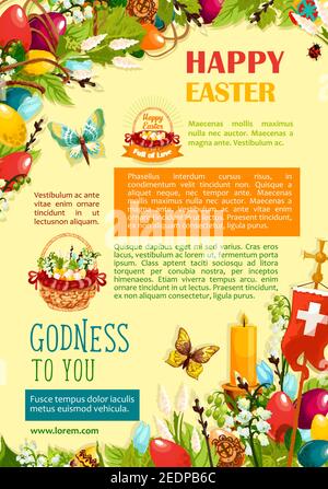 Modèle d'affiche de vœux joyeuses Pâques. Oeufs de Pâques colorés et fleurs de printemps dans panier de chasse aux oeufs, bougie et croix avec des dispositions de texte, décoré par f Illustration de Vecteur