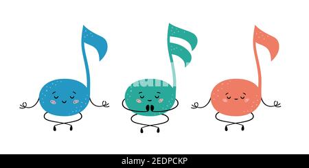 Notes musicales mignonnes dans la pose de yoga. Notes pratiquant le yoga et les médités. Personnages de dessin animé vectoriels amusants Illustration de Vecteur