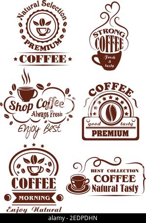 Café-restaurant et porte-étiquette. Tasse de café de fort espresso naturel ou de cappuccino doux symboles bruns avec grain de café, tourbillons de vapeur, ruban banane Illustration de Vecteur