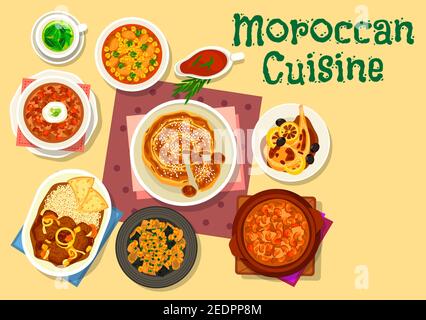 Cuisine marocaine plats traditionnels icône de la soupe de tomate au poulet, poulet frit au citron cornichon, salade de couscous aux aubergines, agneau cuit avec figues, viande Illustration de Vecteur