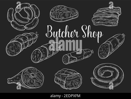 Croquis de produits de viande sur tableau noir. Steak de bœuf frais, saucisse, jambon, bacon de porc, salami, gammon, frankfurter et pepperoni. Boucherie et magasin de viande Illustration de Vecteur