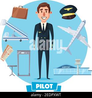 Pilote homme en uniforme et vol ou éléments vectoriels d'avion. Personnage professionnel de l'équipage de l'avion avec chapeau de capitaine, valise de voyage et billets, pa de l'aéroport Illustration de Vecteur