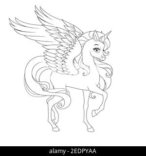 Belle licorne avec ailes. Page de coloriage vectoriel. Illustration de Vecteur