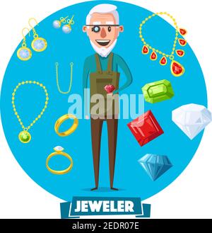 Bijoutier professionnel ou orfèvre avec loupe de lunettes et bijoux bijou articles de bague d'or avec bijoux et diamants. Boucles d'oreilles vectorielles dorées et si Illustration de Vecteur