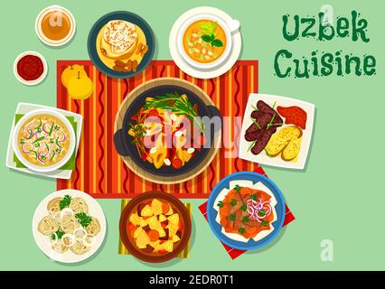 Cuisine ouzbek plats pour le dîner icône du kebab de canard, soupe d'agneau de nouilles lagman, boulettes de viande, ragoût de légumes de bœuf, viande avec sauce à l'oignon et nouilles, chicke Illustration de Vecteur