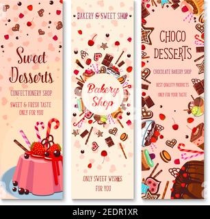 Banderoles de desserts pour pâtisseries et confiseries. Boutique de boulangerie Vector et pâtisserie torte et cupcake crème, pudding aux baies et gâteau au fromage aux fruits tarte ou bi Illustration de Vecteur