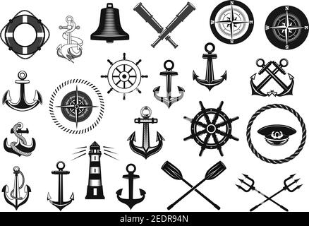 Ensemble d'icônes nautiques. Ancre marine, gouvernail, corde, chapeau de capitaine, compas, phare, volant, cloche de navire, flelier et symbole isolé de bouée de sauvetage. Naut Illustration de Vecteur