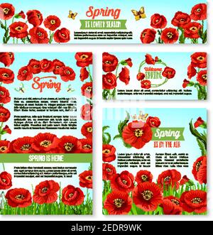 Ensemble de bannières et de modèles de cartes du printemps de bienvenue. Champ de fleurs de printemps avec herbe verte et affiche de bienvenue de papillon, décorée par le cadre de fleur de pavot borde Illustration de Vecteur