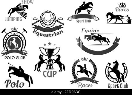 Icônes de vecteur de courses hippiques ou de club de sport équin. Emblèmes de jeu de polo, de saut équestre ou de course avec des symboles de fer à cheval, de gagnant de cavalier ou de fer à cheval Illustration de Vecteur