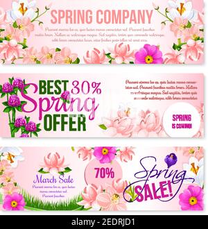 Soldes de printemps bannières florales vectorielles pour les vacances de printemps, offre de réduction et promotion shopping. Conception de crocus en fleurs, fleurs d'orchidées roses Illustration de Vecteur