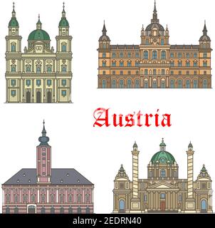Monuments de voyage autrichiens de l'architecture icône fine de ligne avec l'église baroque Karlskirche, la cathédrale de Salzbourg, l'hôtel de ville ou Grazer Rathaus, St Polt Illustration de Vecteur
