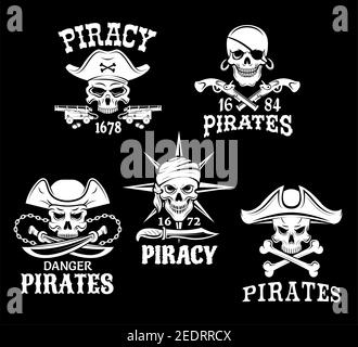 Jolly Roger Pirate vecteur icônes du crâne de capitaine en chapeau tricorne et en eyepatch. Les symboles de piraterie des swords, sabres et pistolets de robber ou de filibuster Illustration de Vecteur