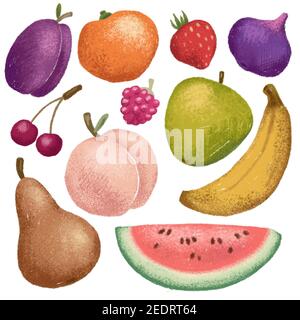 Fruits texturés sur fond blanc. Illustration numérique des fruits de saison. Autocollants pour aliments sains. Ingrédient de dessert d'été. Confiture de fruits ou marmala aux baies Banque D'Images