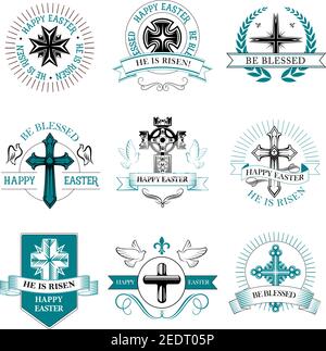 Pâques salutation Pascal icônes de crucifix croix et texte il est ressuscité, être béni avec des rubans de couronne et des colombes. Symboles vecteur joyeuses Pâques pour le Christ Illustration de Vecteur