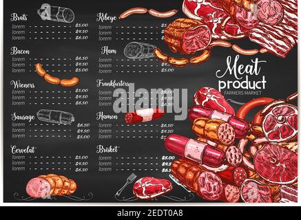 Marché fermier de viande ou boucherie, prix de charcuterie ou modèle de menu. Produits à base de viande vectorielle de saumure, bacon ou saucisses wiener et frankfurter, côtes Illustration de Vecteur
