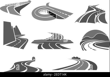 Icônes vectorielles autoroutes et routes d'autoroute. Symboles pour le bâtiment ou la société de construction à voie express ou le service de sécurité et de réparation de transport, les voyages Illustration de Vecteur