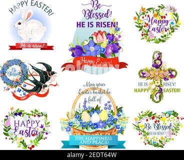 Icône représentant le symbole des vacances de Pâques. Œuf de Pâques avec fleurs, lapin, panier et croix pour la chasse aux œufs, coeur floral et couronne avec fleurs printanières, côtes Illustration de Vecteur