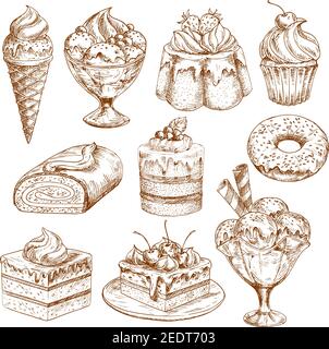 Esquisses vectorielles de pâtisseries, desserts et gâteaux. Tarte et muffin, tarte aux baies et pudding. Pâtisserie chocolat brownie ou donut et biscu de cheesecake Illustration de Vecteur