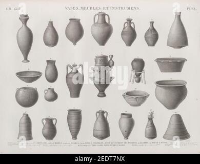 Vases, meubles et instruments. 1. Qoulleh; 2.5-7.23. Barils; 4.10-12.17. Jarres; 3.9.20. Pots à chapelet; 18. Pot où nicent les pigeons; 22. Alambic; 24. Moule à sucre; 8.13-16.19.21. Réglage Banque D'Images