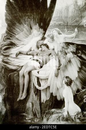 Cette peinture, intitulée filament pour Icarus, a été peinte par Herbert J Draper en 1898. Il montre les morts Icarus, entouré de nymphes latents. Les ailes d'Icarus sont basées sur le motif oiseau de paradis. Dans la mythologie grecque, Daedalus a été le constructeur du labyrinthe à Knossos en Crète (conçu pour garder le Minotaure à l'intérieur). Pour échapper à son confinement sur l'île par le roi, il a conçu des ailes de cire et de plumes pour lui-même et son fils, Icarus (ici). Mais, Icarus a volé trop près du soleil. La cire fonda, et il tomba dans la mer (nom d'après la mer Icarienne). Daedalus l'a fait en Sicile, où Banque D'Images