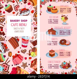Modèle de menu de la boulangerie pour les desserts. Liste des prix du café pour les gâteaux, les tartes et les petits gâteaux. Ensemble de pâtisseries comprenant des tortes à lait, des biscuits et des muffins Illustration de Vecteur