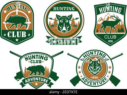 Ensemble de badges sportifs pour le club de chasse. Sanglier, cerf, ours, loup, wapiti et animaux de porc sur bouclier héraldique et timbre rond avec fusil croisé, signe cible a Illustration de Vecteur