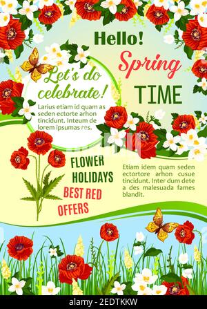 Affiche de soldes des fêtes de printemps. Meilleur prix offre bannière florale avec champ de fleurs de printemps et cadre floral de crocus, pavot, jasmin fleurs avec vert Illustration de Vecteur