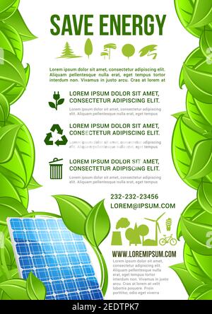 Affiche vectorielle Save Energy ou infographies pour la conservation de la nature et de l'écologie avec ampoule, panneau solaire pour la source d'électricité, arbres verts et lea Illustration de Vecteur