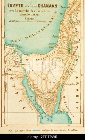 Carte historique de l’Égypte et de la péninsule du Sinaï avec la marche des Israélites à travers le désert du Sinaï, Histoire biblique de l’ancien Testament, Banque D'Images