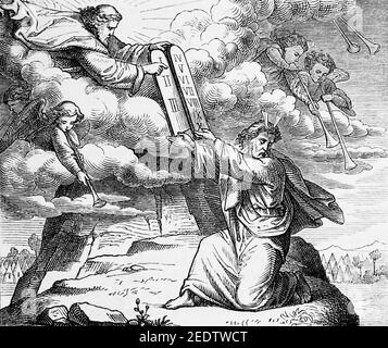 Dieu donne à Moïse les dix commandements à moïse au mont Sinaï, ancien Testament, bible historique biblique biblique de l’ancien Testament, Fribourg, 1891 Banque D'Images