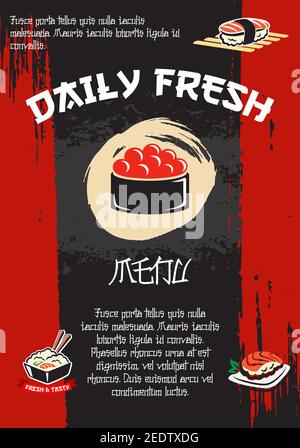 Modèle de couverture du menu du bar à sushis pour le restaurant de fruits de mer japonais. Vector Japan cuisine sushis roulés aux crevettes tempura, déjeuner à bento, sashimi de caviar de thon Illustration de Vecteur