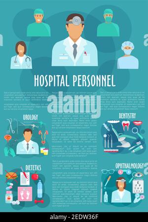 Affiche vectorielle pour le personnel médical en dentisterie et en ophtalmologie. Médecins de l'urologie et du personnel hospitalier de soins de santé, médicaments urogénital cathéter seringue, Illustration de Vecteur