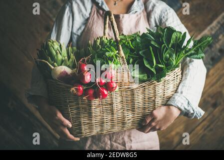 Femme paysanne tenant le panier de légumes frais biologiques de jardin et de légumes verts dans les mains, mur rustique en bois à l'arrière-plan Banque D'Images