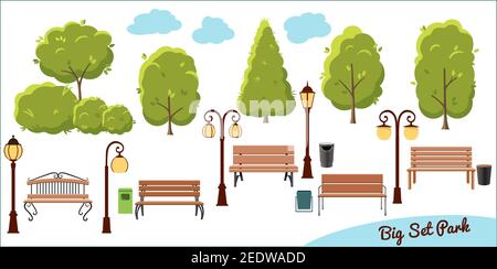 Grande collection d'éléments pour le parc de la ville. Arbre, poubelle, lanterne et bancs de style plat. Illustration vectorielle isolée sur fond blanc. Illustration de Vecteur