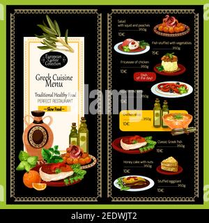 Modèle de menu de cuisine grecque pour le restaurant. Plats méditerranéens traditionnels de la Grèce de viande nourriture gyros grill, salades de légumes d'olive ou poissons de fruits de mer Illustration de Vecteur